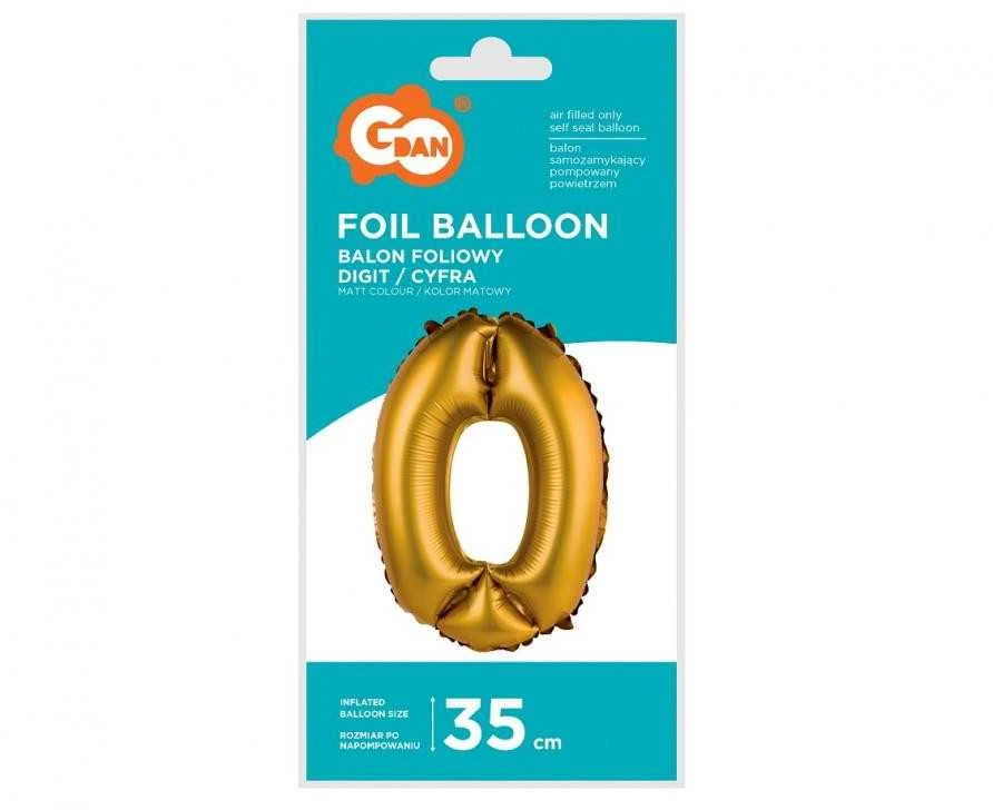 GoDan folijos balionas numeris 0, auksinis, matinis, 35 cm
