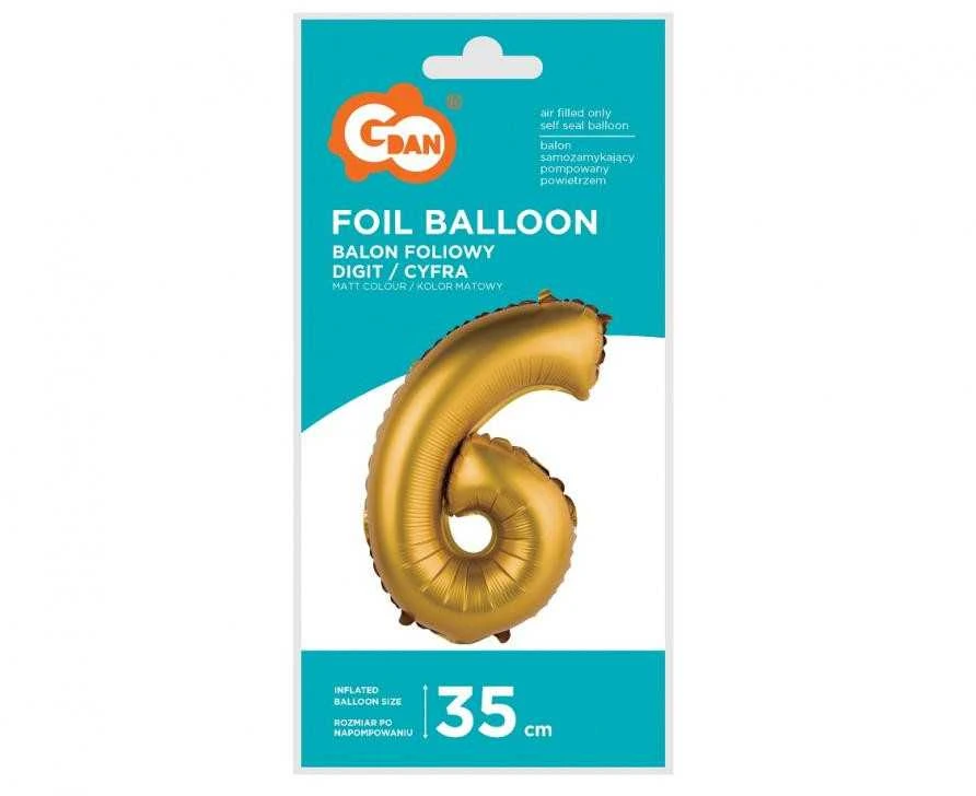 Auksinis matinis aukso spalvos 6 mini skaičių folijos balionas, 35 cm