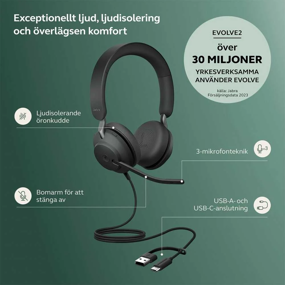 Ausinės JABRA EVOLVE2 40 SE USB C/A UC - STEREO