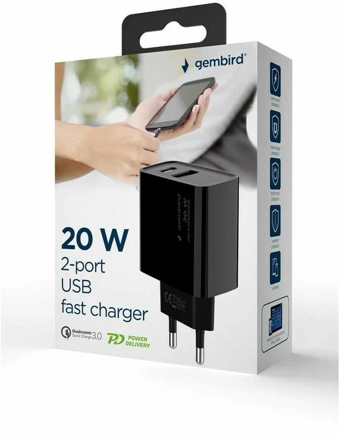 Gembird 2 prievadų 20 W USB greitasis įkroviklis | TA-UC-PDQC20-01-BK