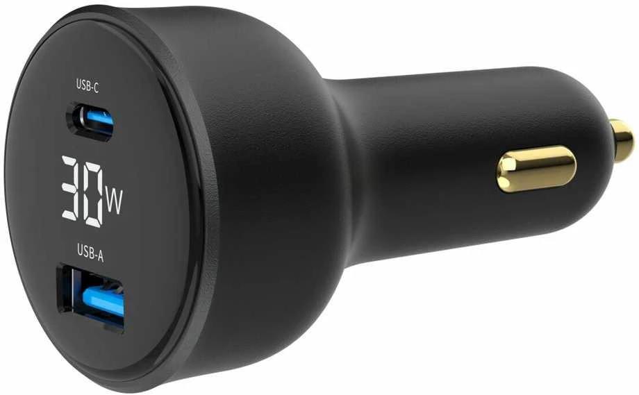Gembird Greitas automobilinis įkroviklis 2x USB, C tipo (PD), LCD, 30W, juodas