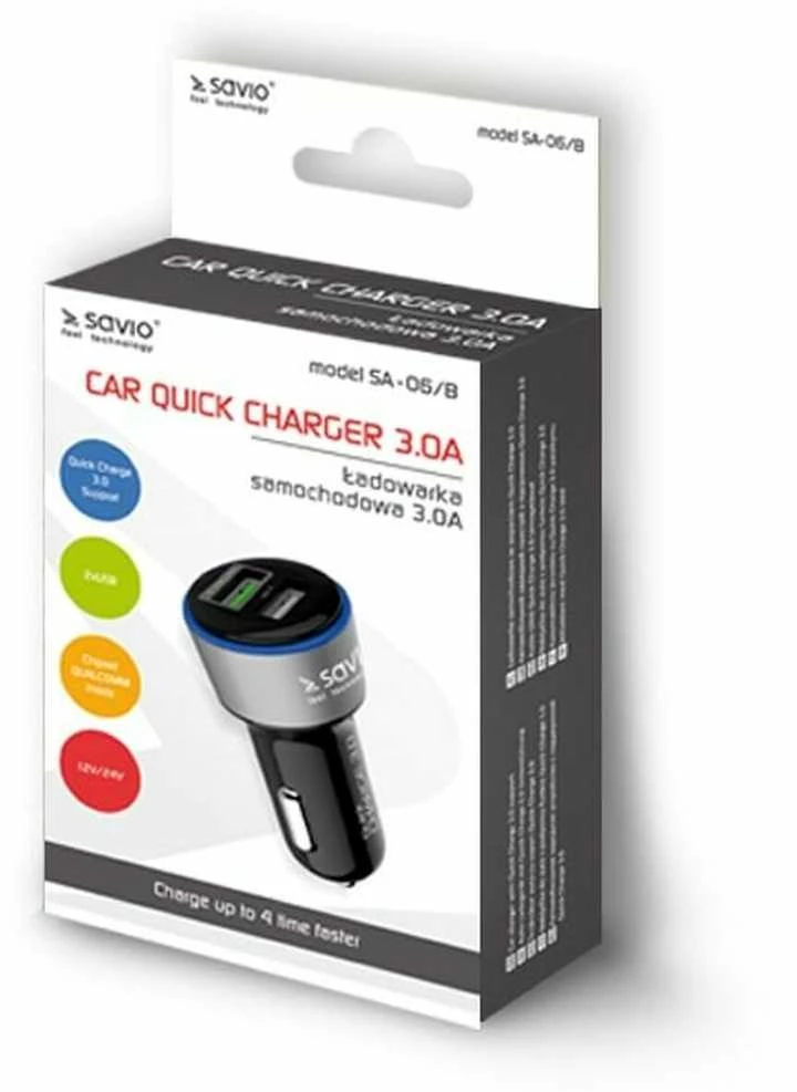 Savio automobilinis greito įkrovimo įkroviklis Savio SA-06/B 3.0A, 2xUSB
