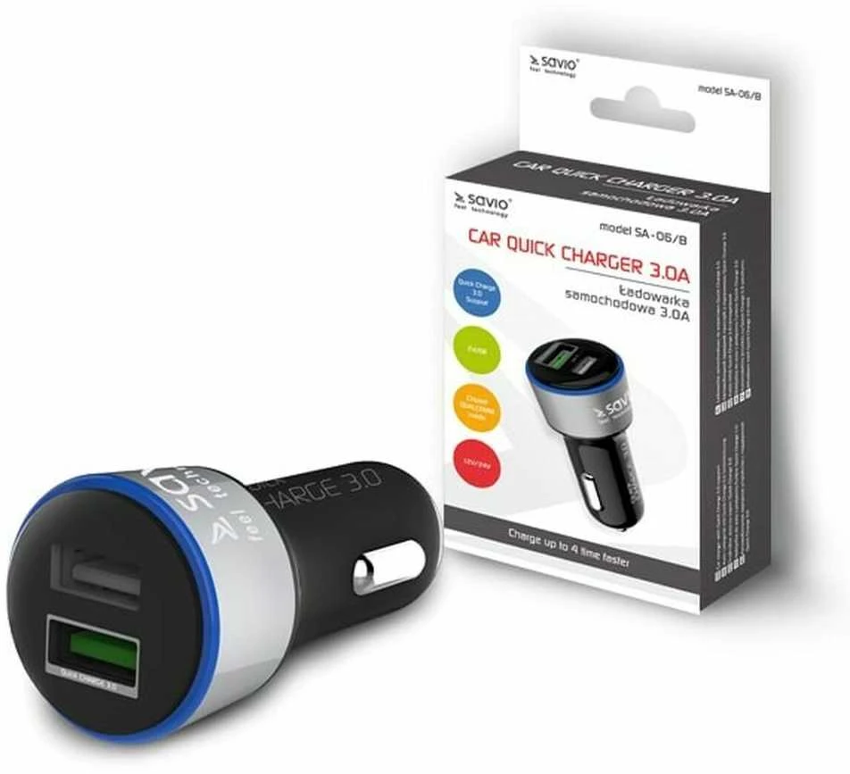 Savio automobilinis greito įkrovimo įkroviklis Savio SA-06/B 3.0A, 2xUSB