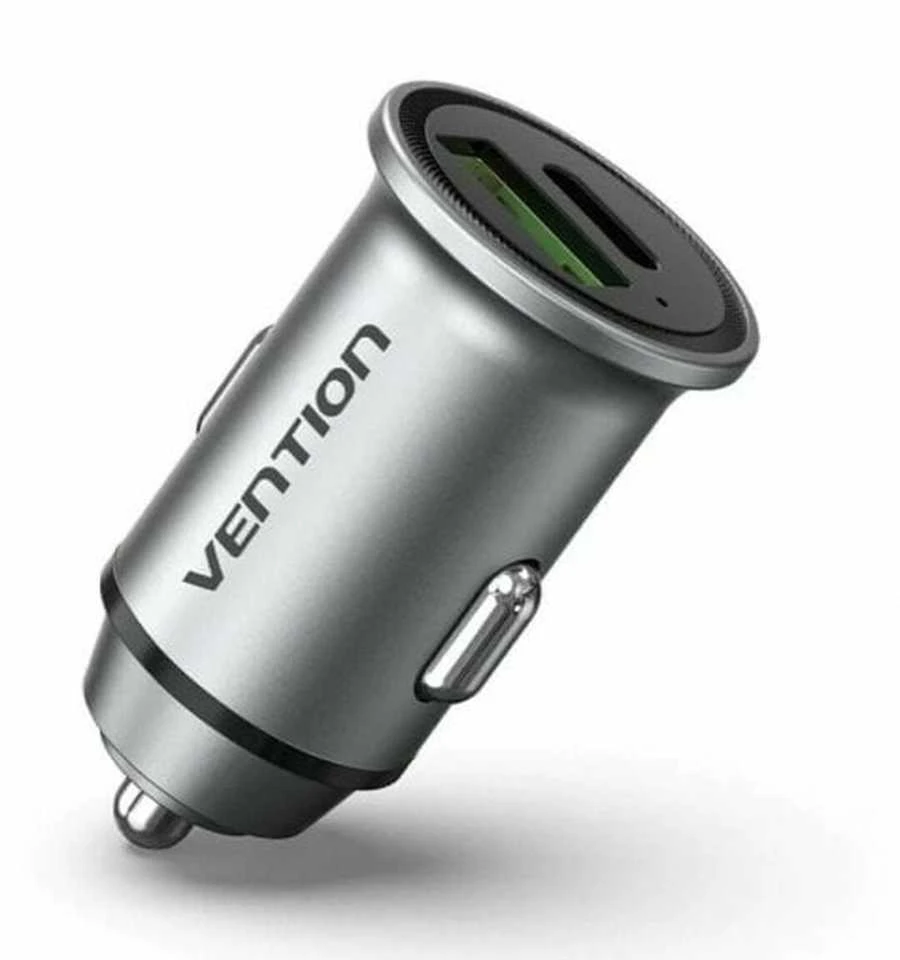 Vention Dviejų prievadų automobilinio įkroviklio ventiliacija FFBH0 USB A+C(18/20) Pilka