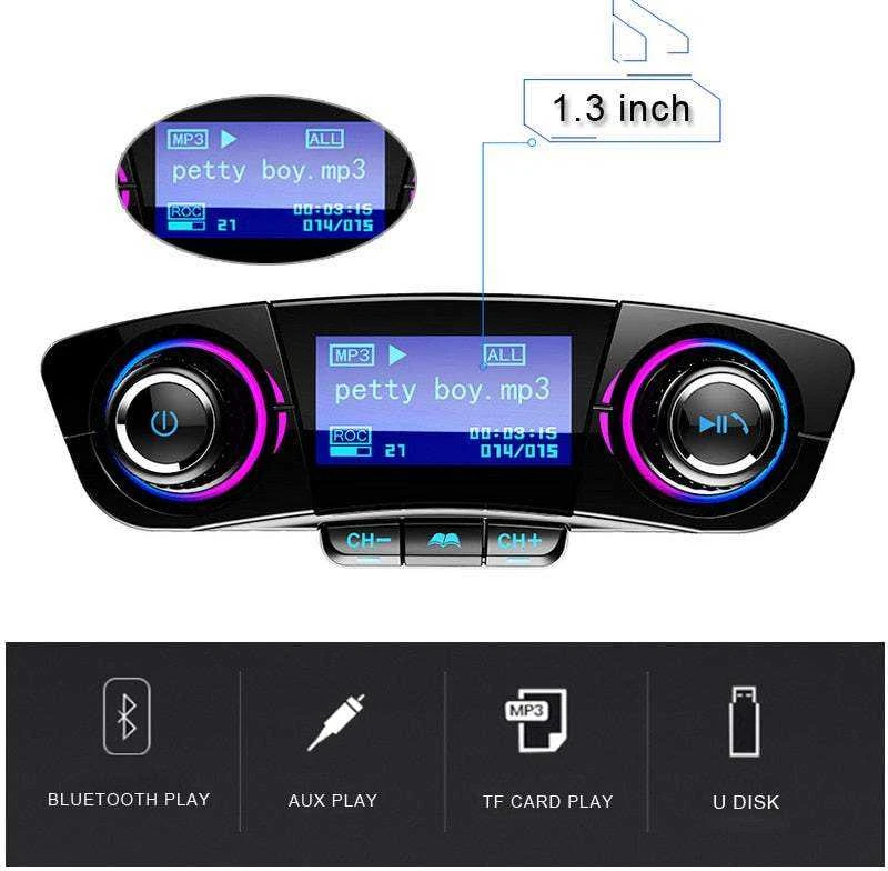 FM siųstuvas su Bluetooth USB 5.0, 8 funkcijos