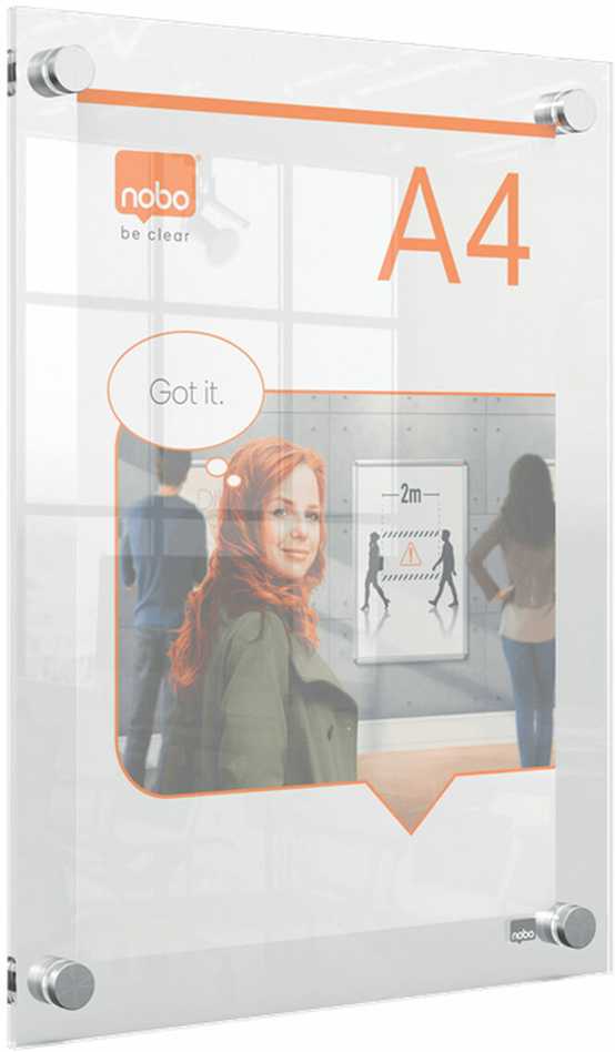 Nobo Premium Plus A4 skaidrus akrilinis sieninis plakato rėmas, 297 x 210 mm, akrilinis, horizontaliai/vertikaliai, fiksuotas