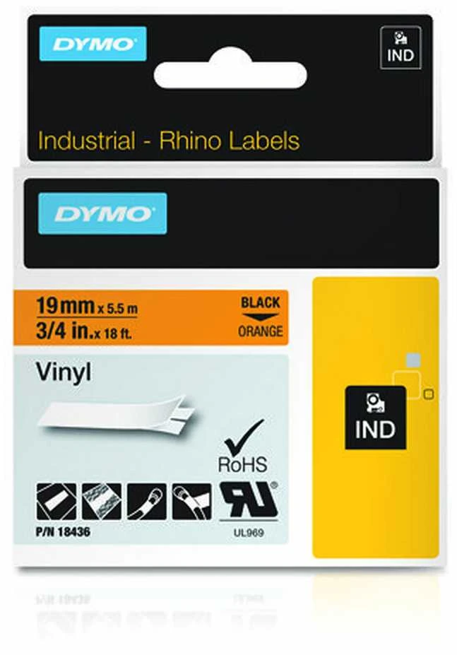 DYMO Rhino Vinilinė Juostelė 19mm x 5.5m / juodas ant oranžinės (18436)