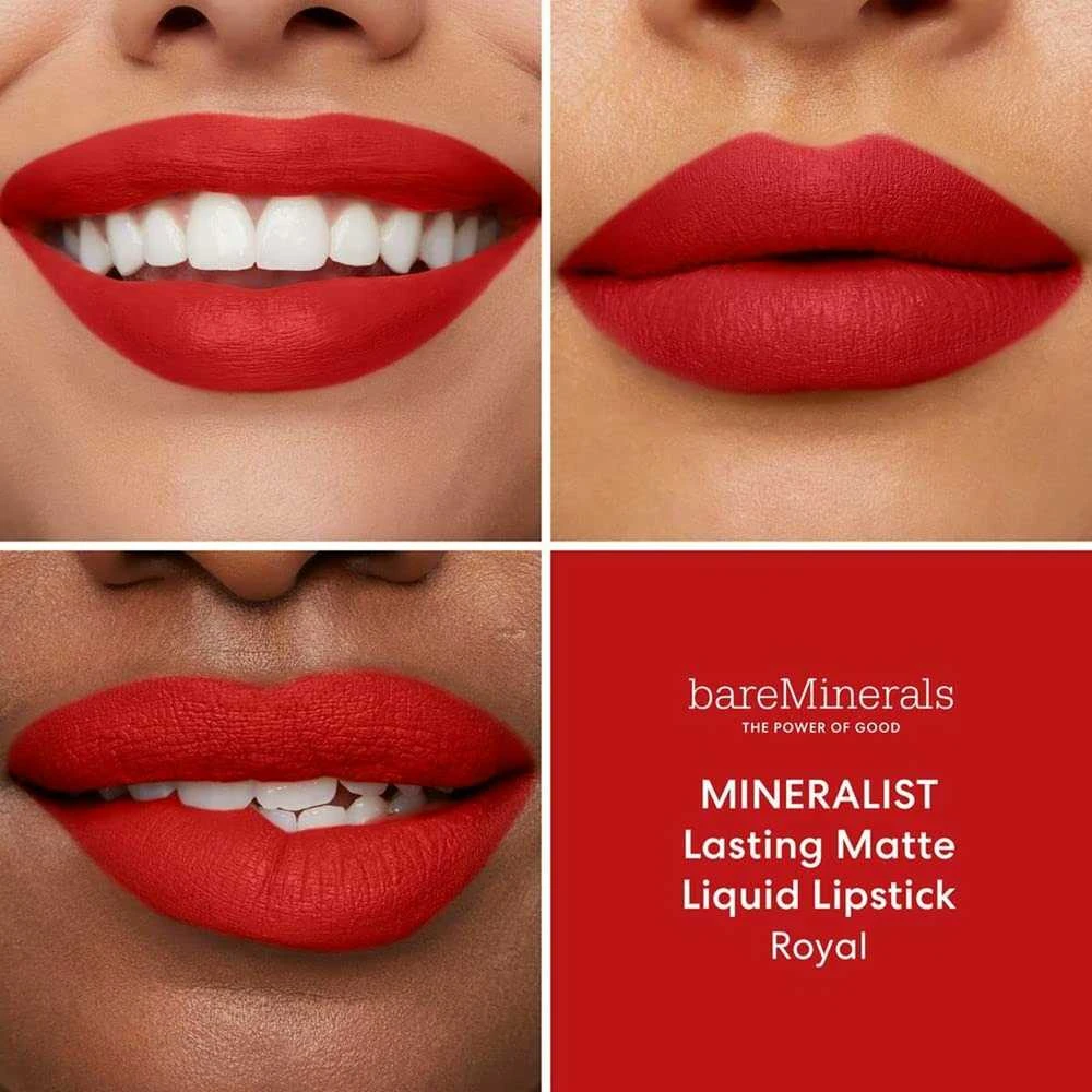 Bare Minerals Bareminerals Mineralist Lasting Matte Liquid Lipstick ilgai išliekantys matiniai skysti lūpų dažai, atspalvis: Royal, 3.5 ml