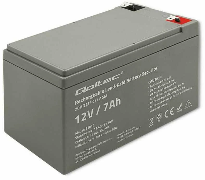 QOLTEC 53076 AGM baterija 12V 7Ah maks. 105A apsauga