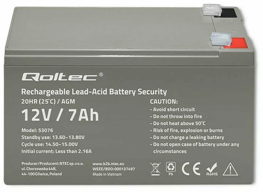 QOLTEC 53076 AGM baterija 12V 7Ah maks. 105A apsauga