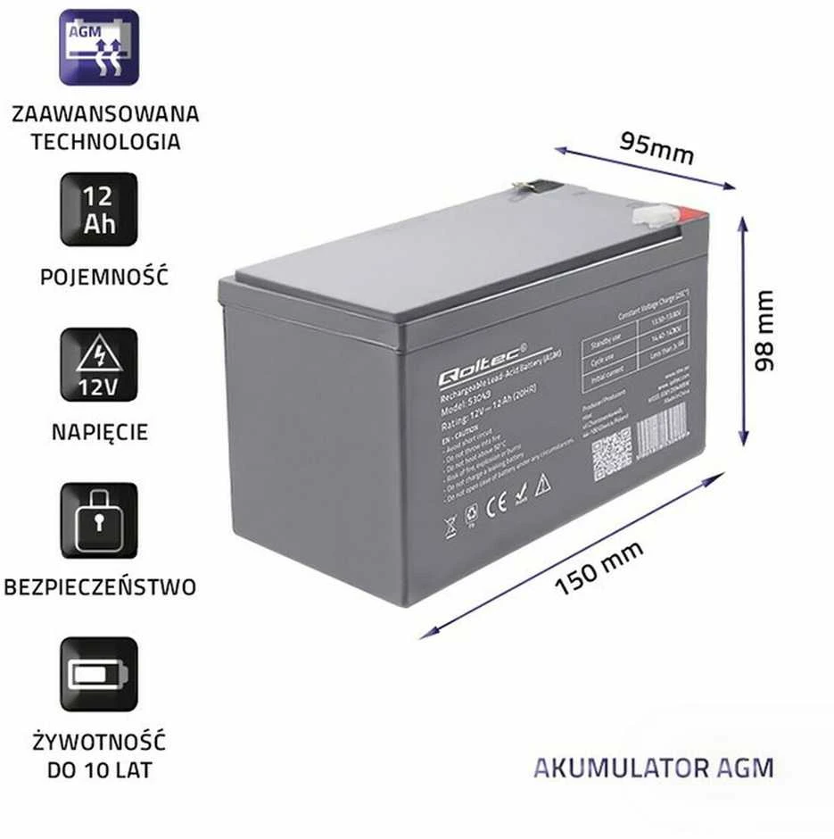 QOLTEC AGM baterija 12V 12Ah