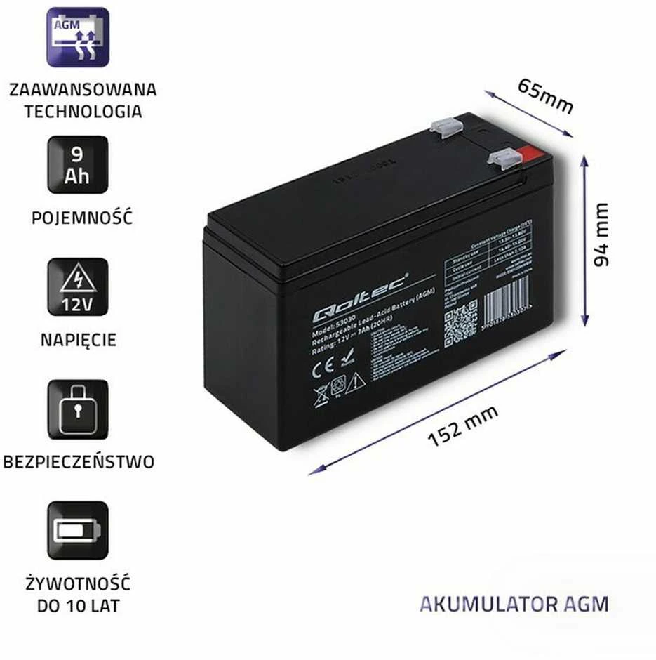 QOLTEC 53031 gelio baterija 12V 9Ah max.90A AGM