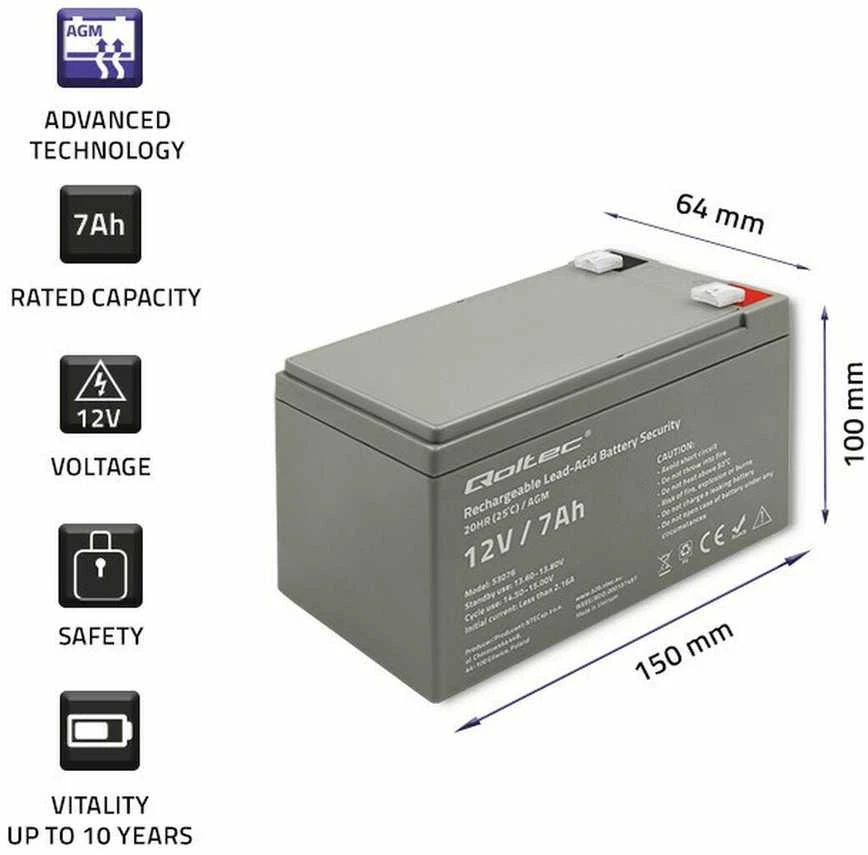 QOLTEC 53076 AGM baterija 12V 7Ah maks. 105A apsauga