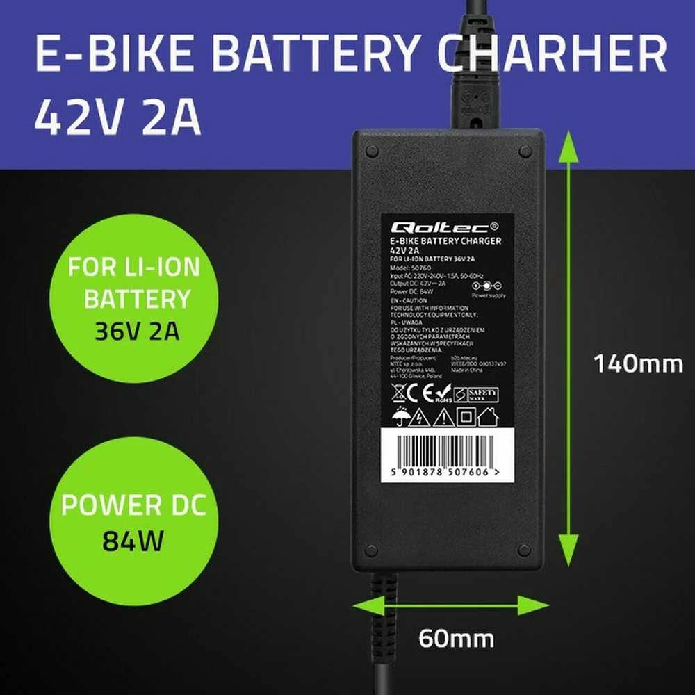 Įkroviklis - Qoltec 50760 E-dviračiams 36V/42V 2A Juodas