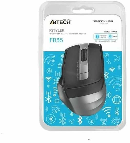A4Tech FSTYLER FB35 RF 2.4G+BT Smoky Pilkas Pelė wireless