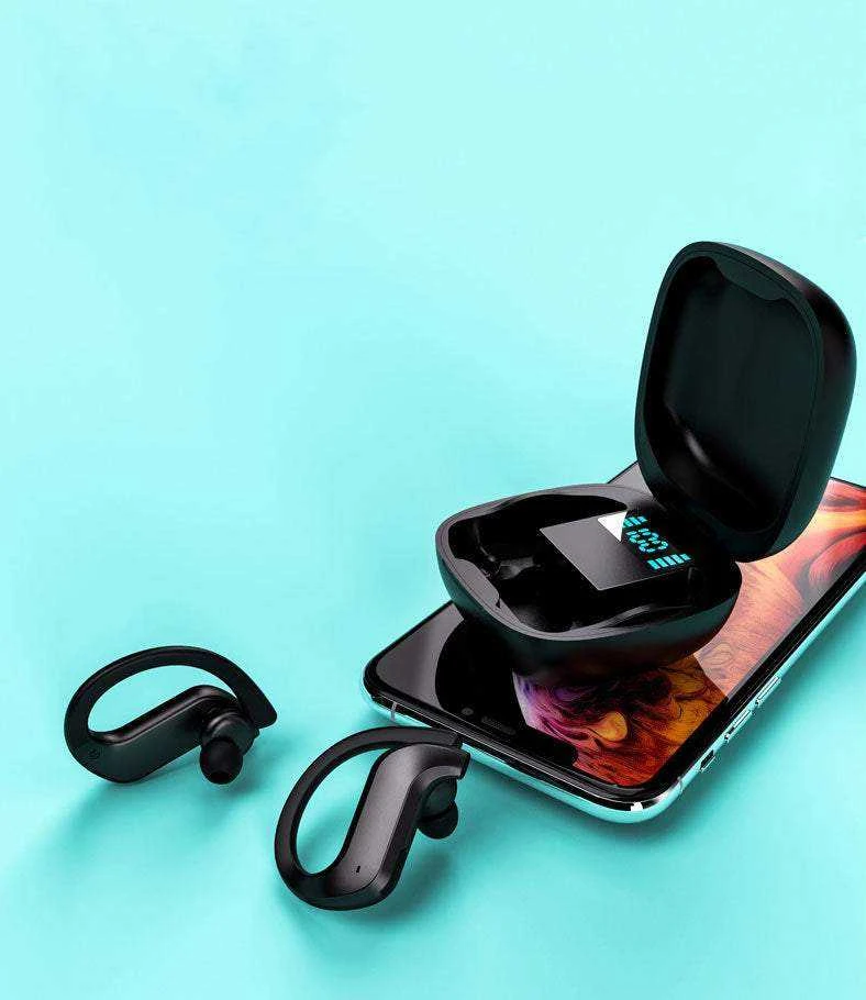 Bluetooth belaidės sportinės ausinės bėgimui, dėvimos ant ausų