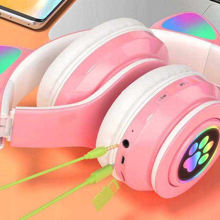 Belaidės ausinės su katės ausimis ir LED apšvietimu