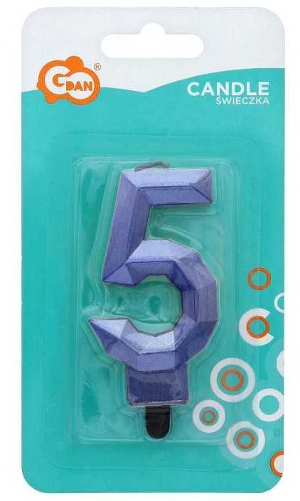 Blue „Number Diamond Metallic Mėlyna“ žvakė „5“, torto formos