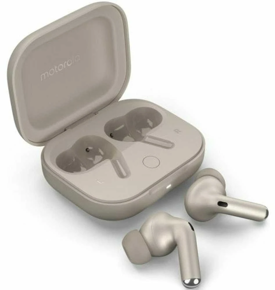 Motorola MOTO BUDS+ smėlio spalvos su atidarytu dėklu