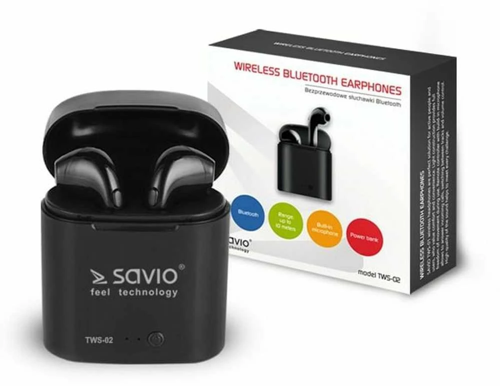 Belaidės ausinės Savio TWS-02, Bluetooth, su mikrofonu, juodos