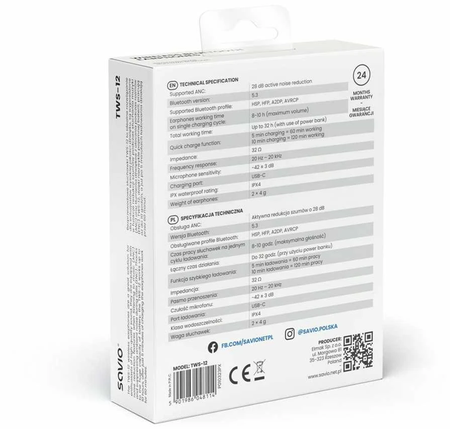 Belaidės Ausinės - Savio Bluetooth 5.3 TWS-12