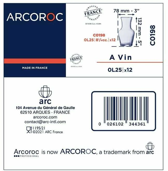 Arcoroc FLUID stiklinio ąsočio techninis matmenų lapas