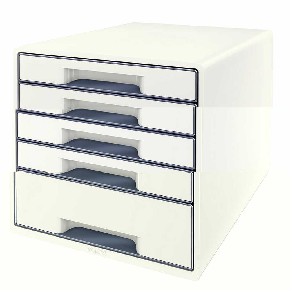 Leitz LEITZ CUBE WOW Pearl Baltas stalčių spintelė su 5 stalčiais. Patvari ir stabili, su patraukliu dviejų spalvų blizgiu WOW dizainu - 52142001