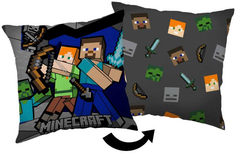 Poduszka dekoracyjna 40x40 Minecraft tryb przetrwania grafito kolorowa dvipusė JF 02
