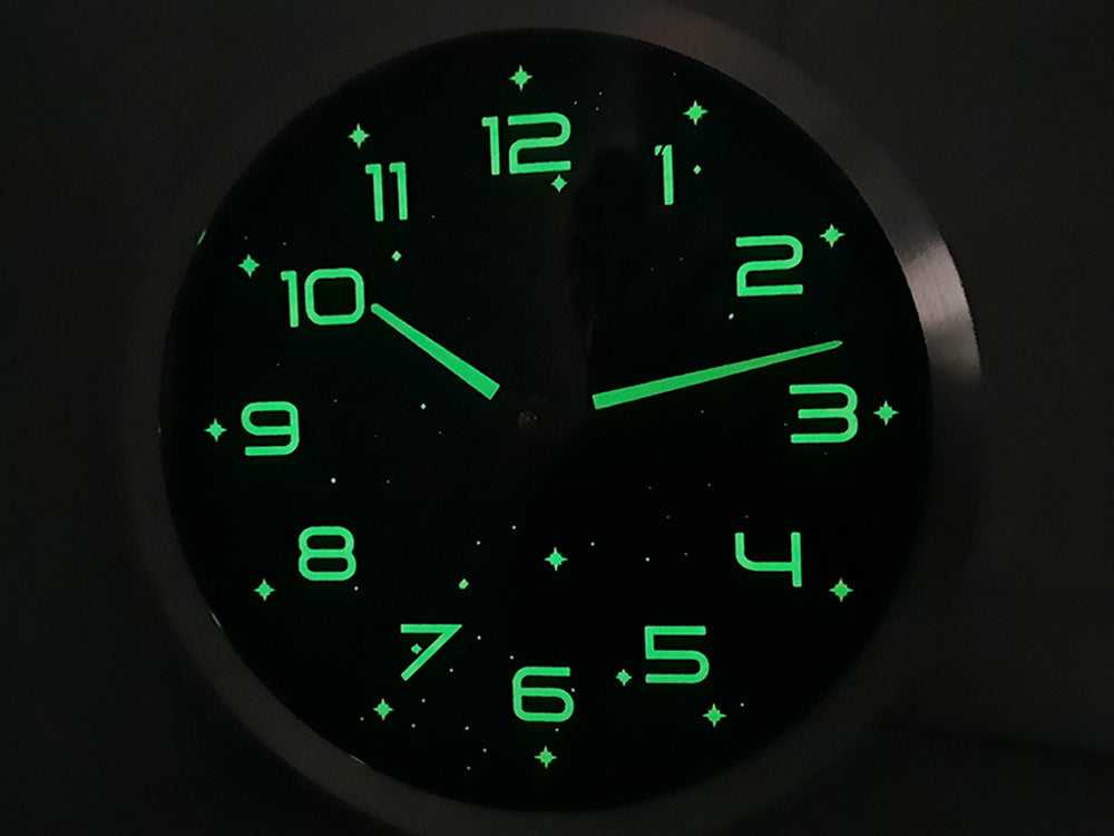 Didelis fluorescencinis sieninis laikrodis su šviečiančiomis žvaigždėmis, 30 cm