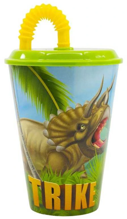Dinozauro tiranozauro formos plastikinis puodelis su šiaudeliu, 430 ml