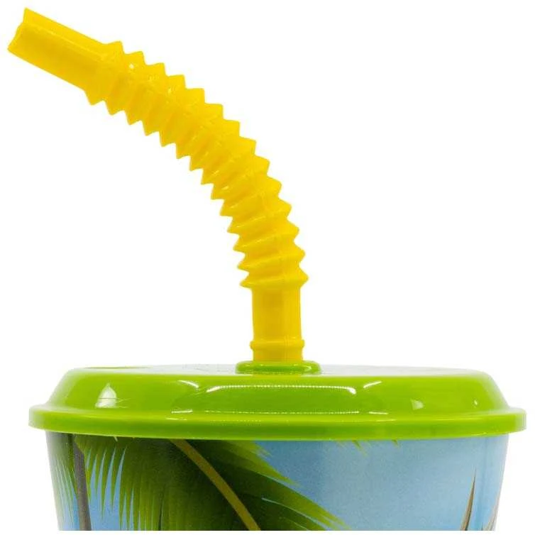 Dinozauro tiranozauro formos plastikinis puodelis su šiaudeliu, 430 ml