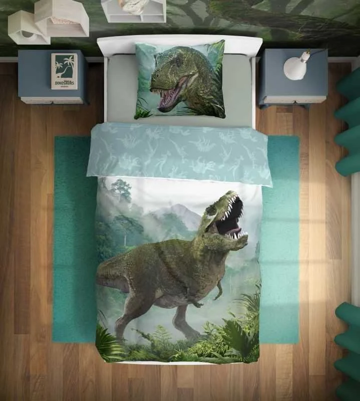 MCU Patalynė bawełniana 140x200 Dinozaur t rex 002 žalia poszewka 70x90