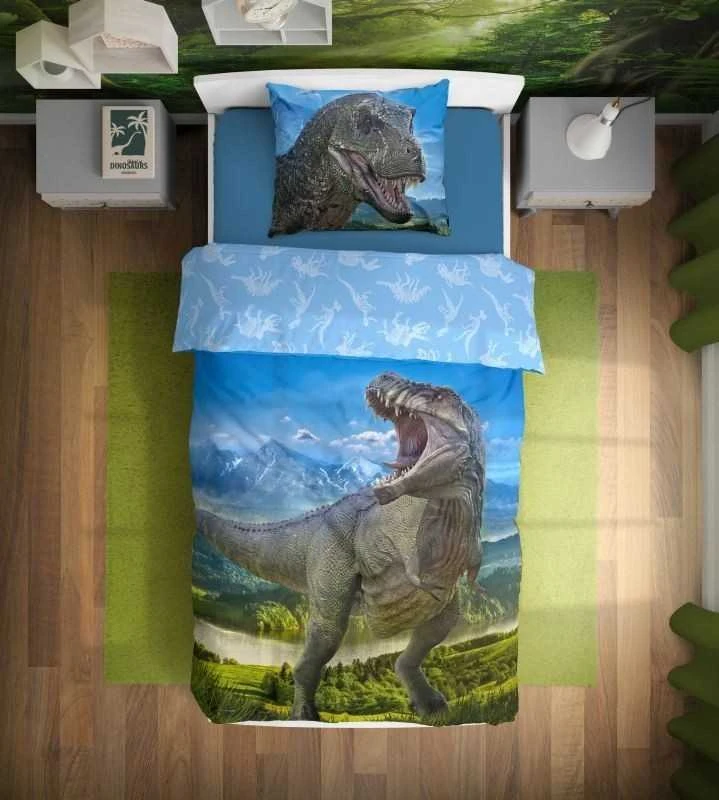 MCU Patalynė bawełniana 140x200 Dinozaur t rex 001 mėlyna poszewka 70x90