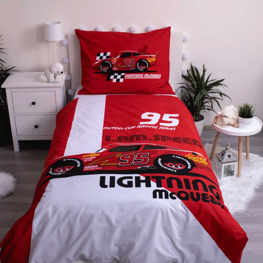 Patalynė bawełniana 140x200 Cars Auta 8353 I am speed Zygzak McQueen poszewka 70x90 raudona dziecięca