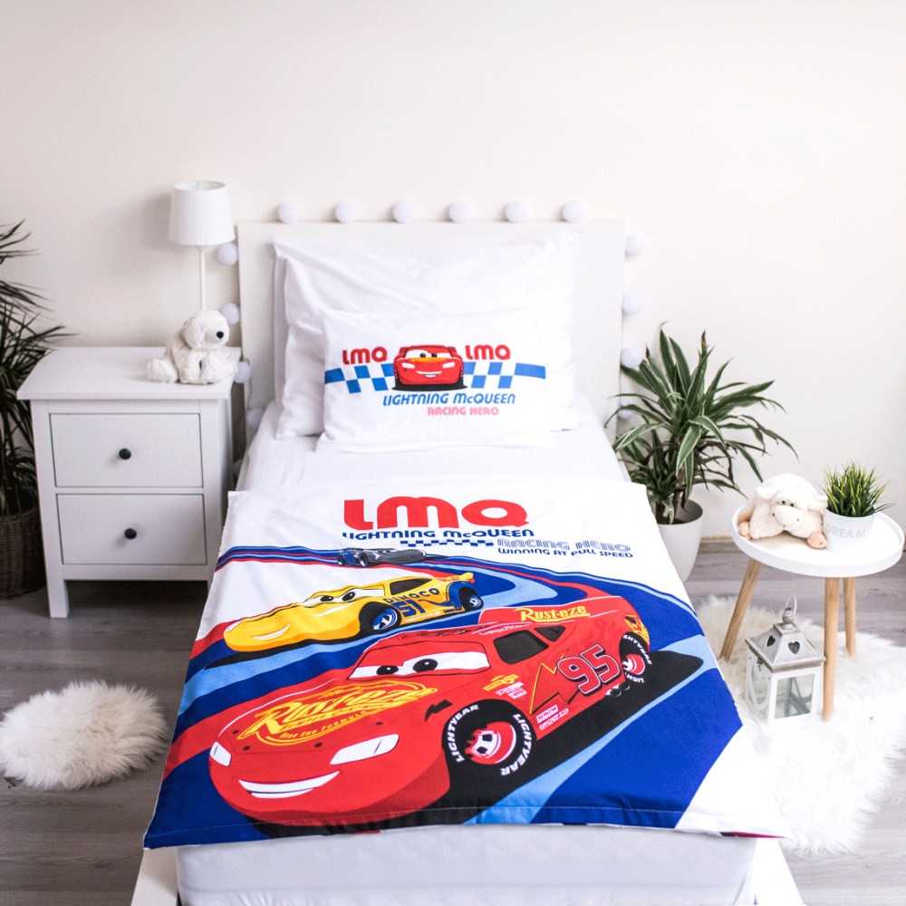 Patalynė bawełniana 100x135 Cars Auta 8322 balta raudona mėlyna Zygzak McQueen poszewka 40x60 dziecięca do łóżeczka