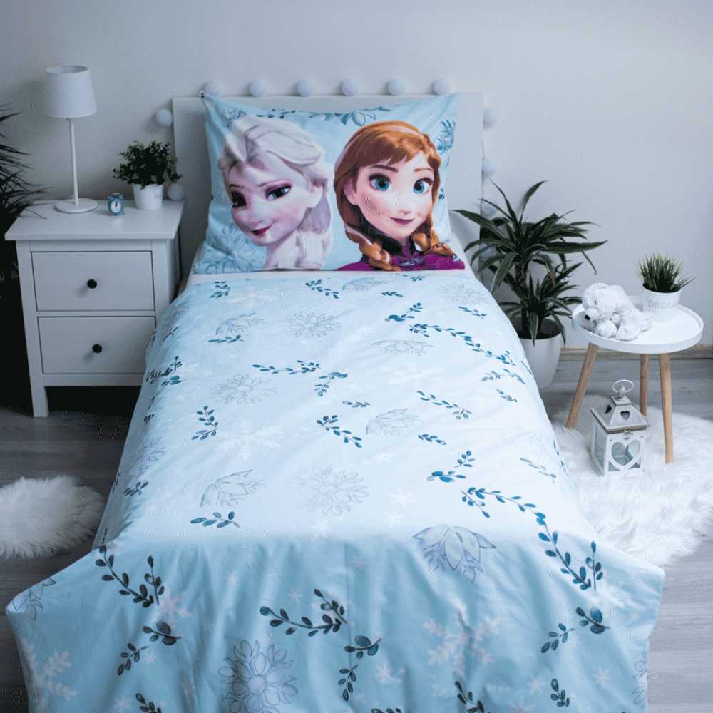 Patalynė bawełniana 140x200 Frozen Kraina Lodu 8384 Anna Elsa melsva kwiaty poszewka 70x90