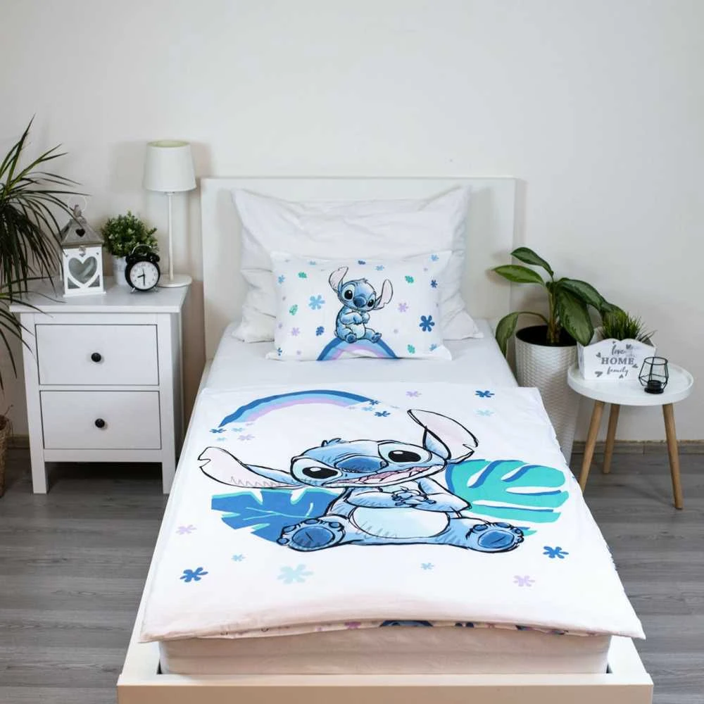 Patalynė bawełniana 100x135 Lilo i Stitch tęczowe dziecko balta mėlyna poszewka 40x60 JF24