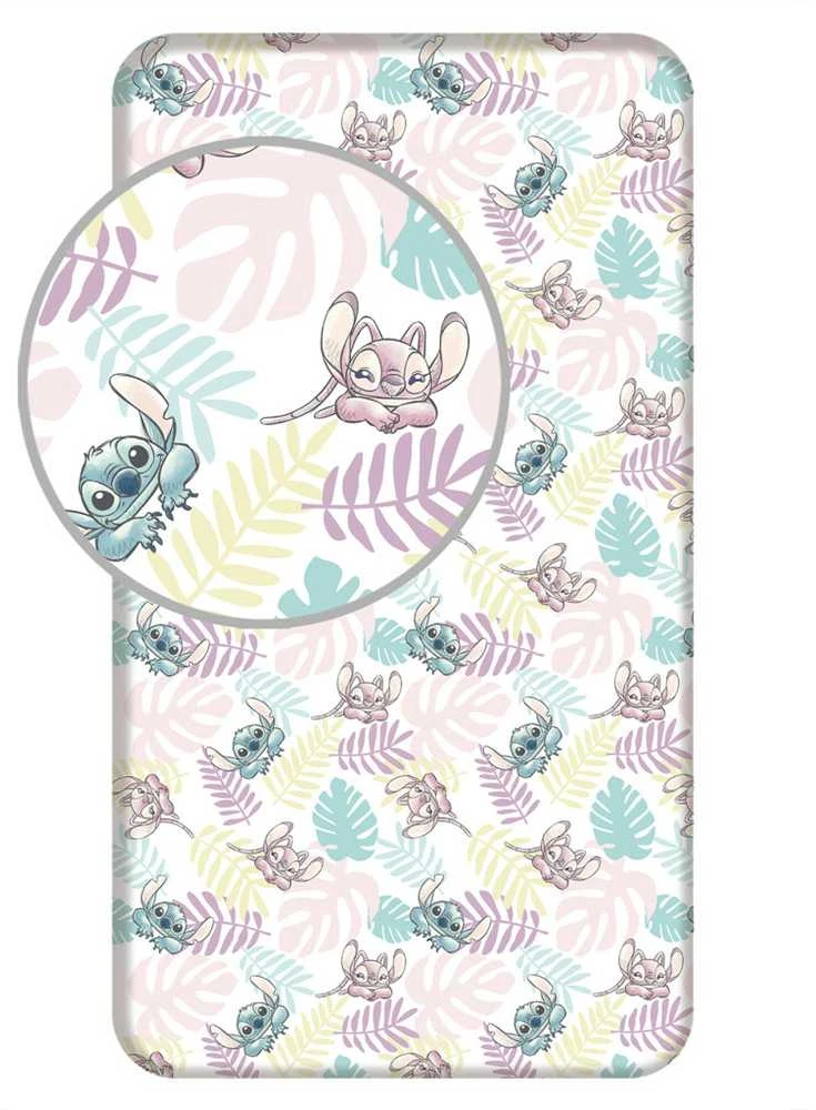 Prześcieradło bawełniane su gumką 90x200 Lilo I Stitch liście pastelowe kolorowe vaikams JF24
