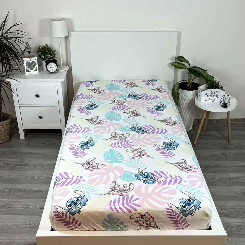 Prześcieradło bawełniane su gumką 90x200 Lilo I Stitch liście pastelowe kolorowe vaikams JF24
