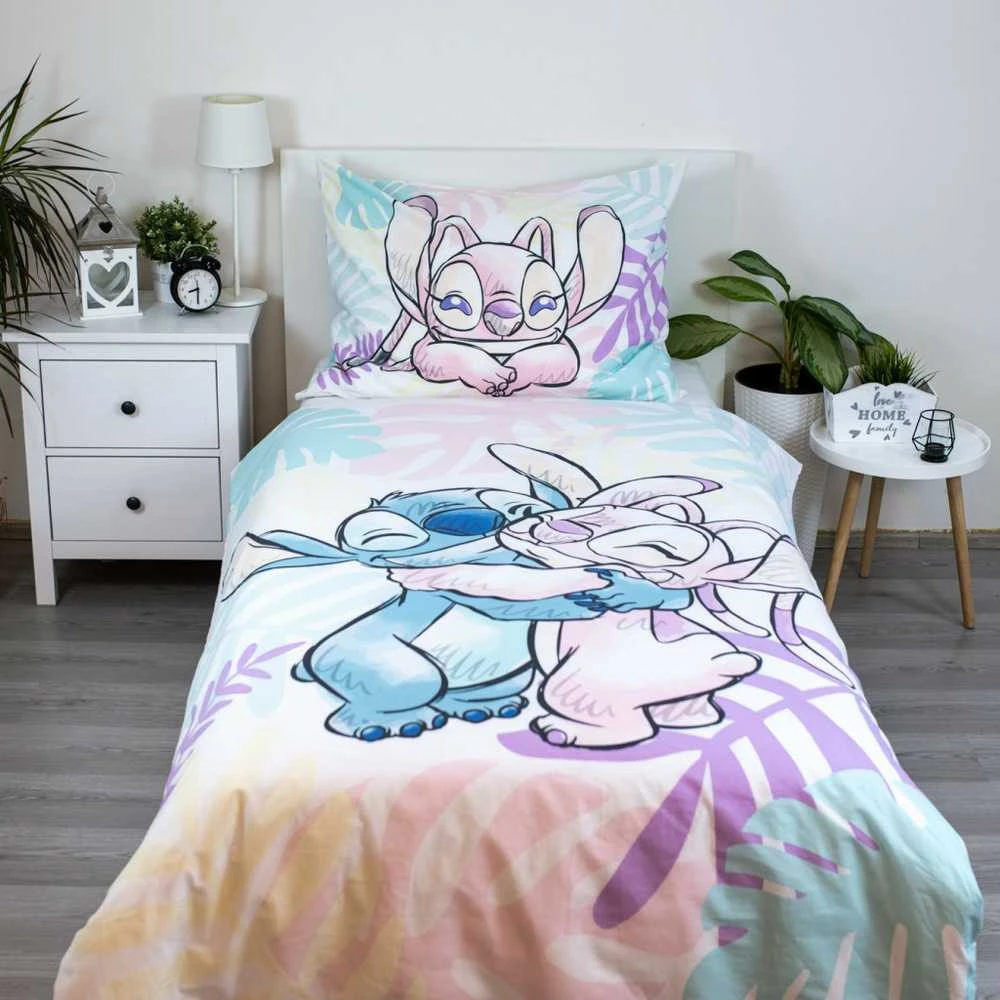 Patalynė bawełniana 140x200 Lilo i Stitch liście pastelowa kolorowa poszewka 70x90 JF24