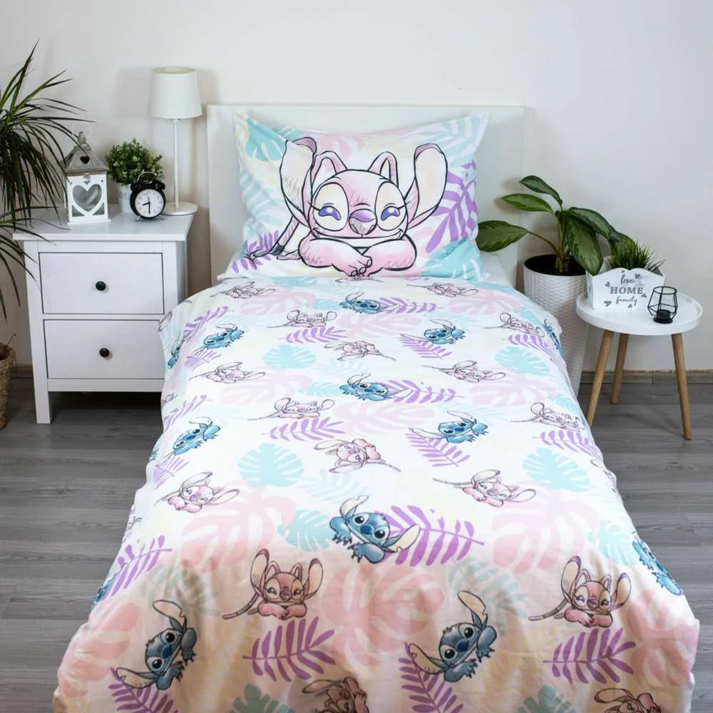 Patalynė bawełniana 140x200 Lilo i Stitch liście pastelowa kolorowa poszewka 70x90 JF24