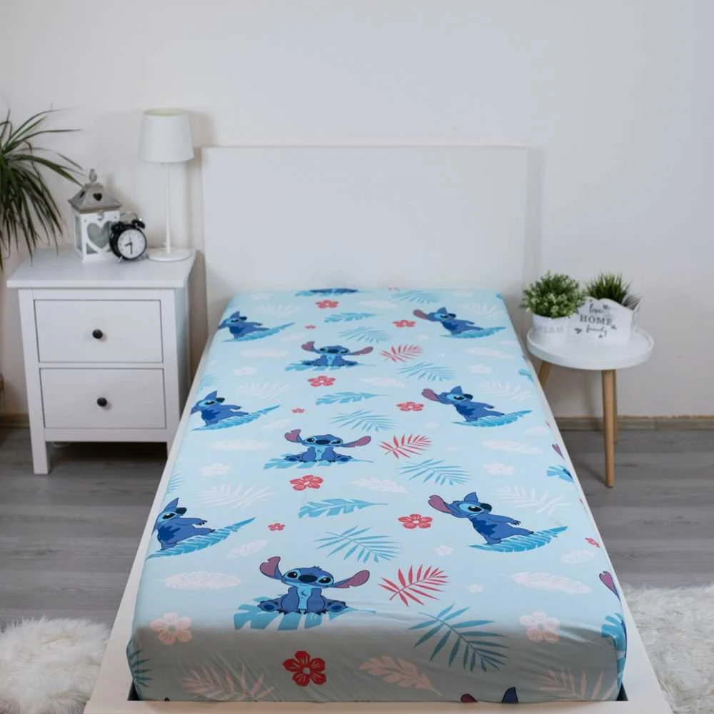 Prześcieradło bawełniane su gumką 90x200 Lilo I Stitch mėlyna vaikams JF24