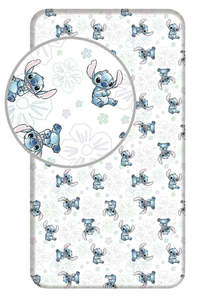 Prześcieradło bawełniane su gumką 90x200 Lilo I Stitch Ohana balta mėlyna vaikams JF24