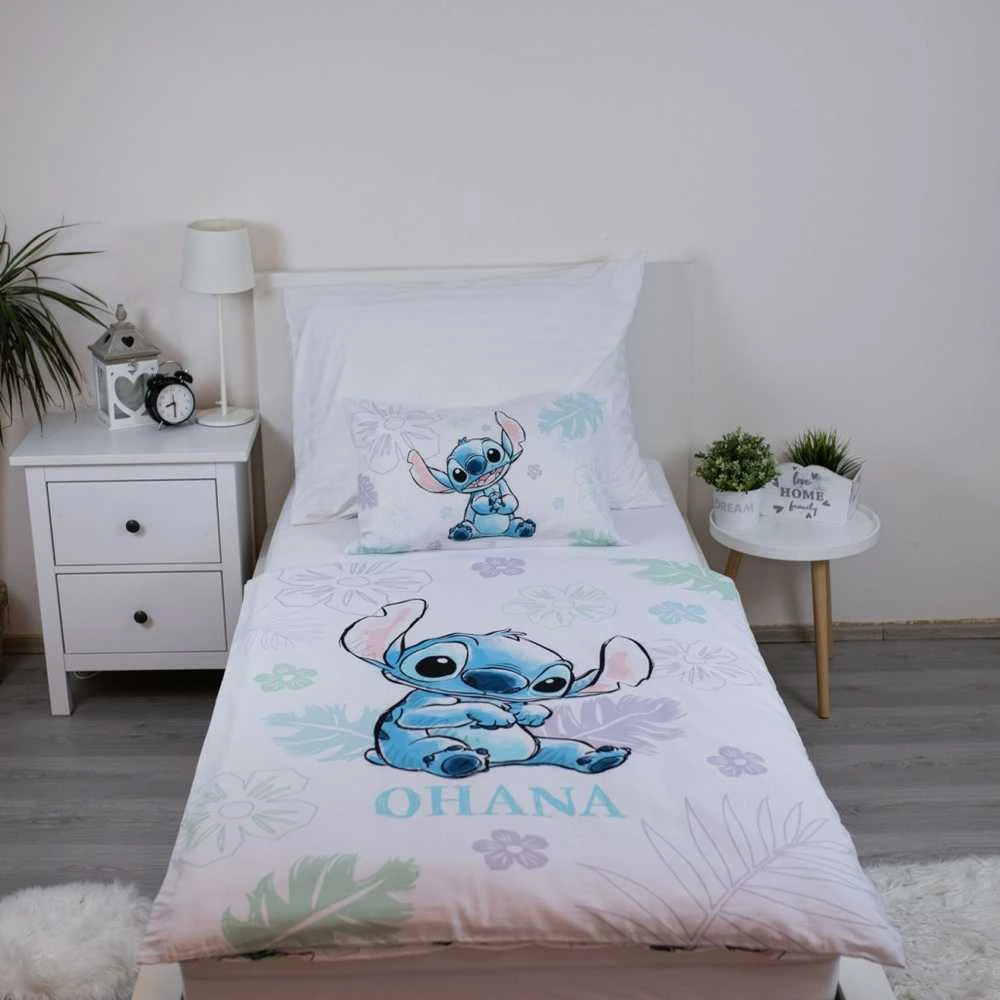Patalynė bawełniana 100x135 Lilo i Stitch Ohana balta mėlyna poszewka 40x60 JF24