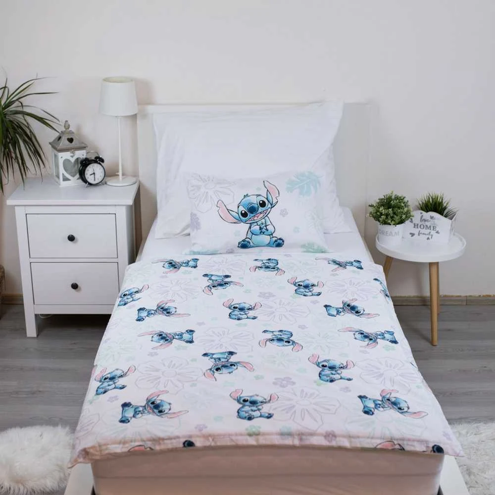 Patalynė bawełniana 100x135 Lilo i Stitch Ohana balta mėlyna poszewka 40x60 JF24