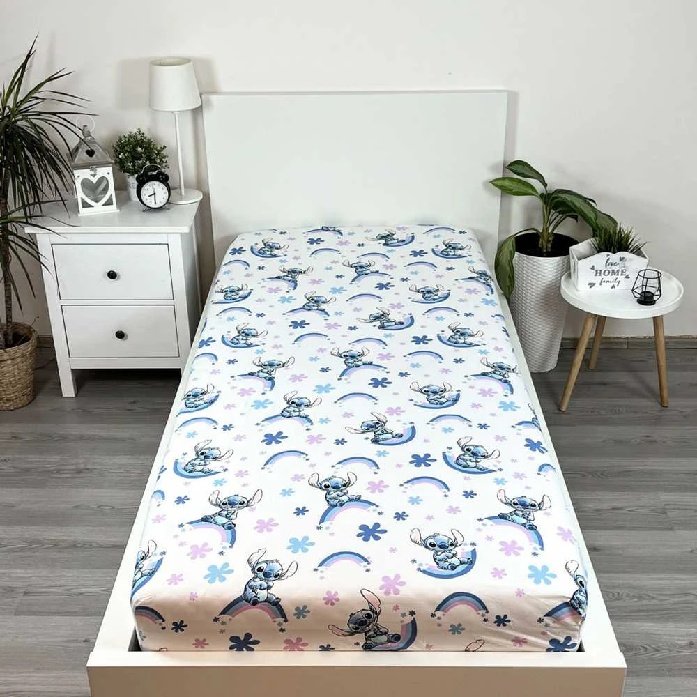 Prześcieradło bawełniane su gumką 90x200 Lilo I Stitch balta tęczowe vaikams JF24