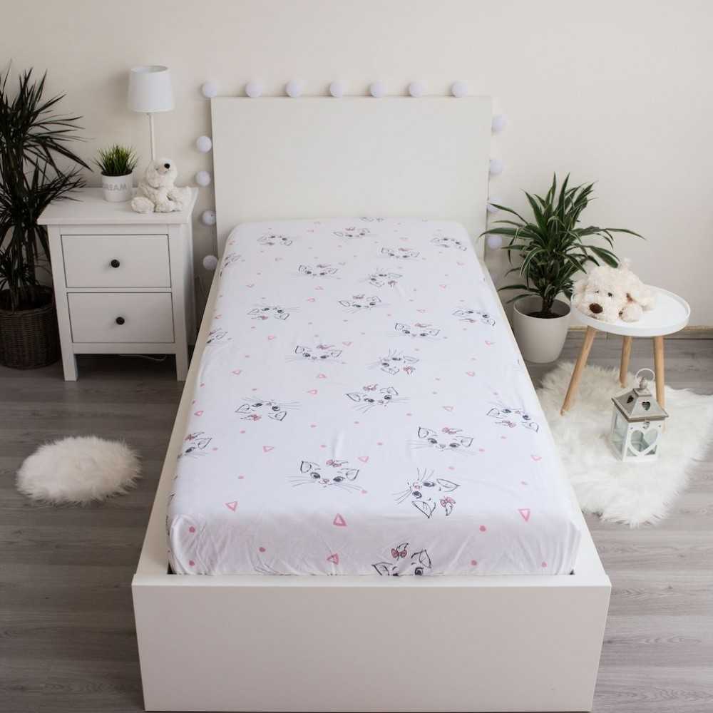 Prześcieradło bawełniane su gumką 90x200 Kotek Marie Cat balta 8124 vaikams