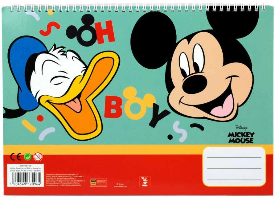 Disney Mickey Oh Boy A/4 spiralinė eskizų knygelė su 40 lapų ir lipdukais