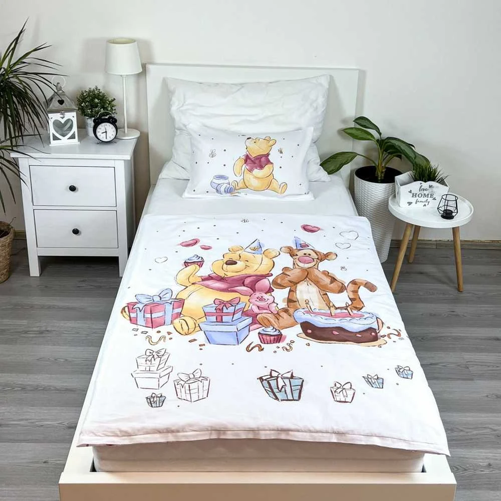 Patalynė bawełniana 100x135 Mikė Pukuotukas Przyjęcie urodzinowebiała kolorowa poszewka 40x60 JF24