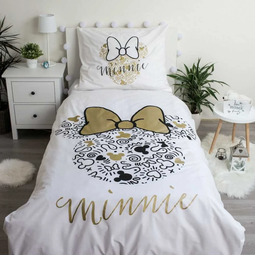 Patalynė bawełniana 140x200 Minnie Gold Mini Myszka 8339 kokardy poszewka 70x90 balta smėlio sp.